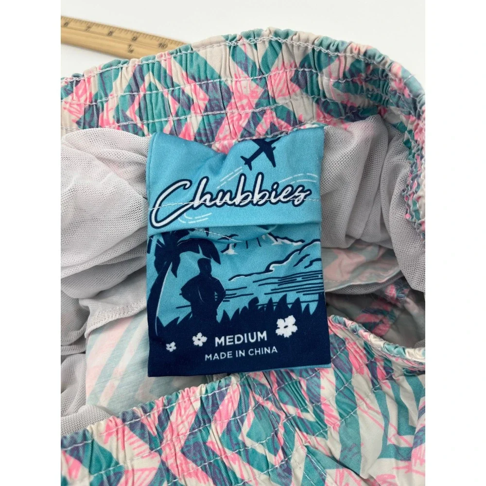 Chubbies Swim Trunks Mens Medium Teal Pink Geometric Diamond Mesh Lined Shorts